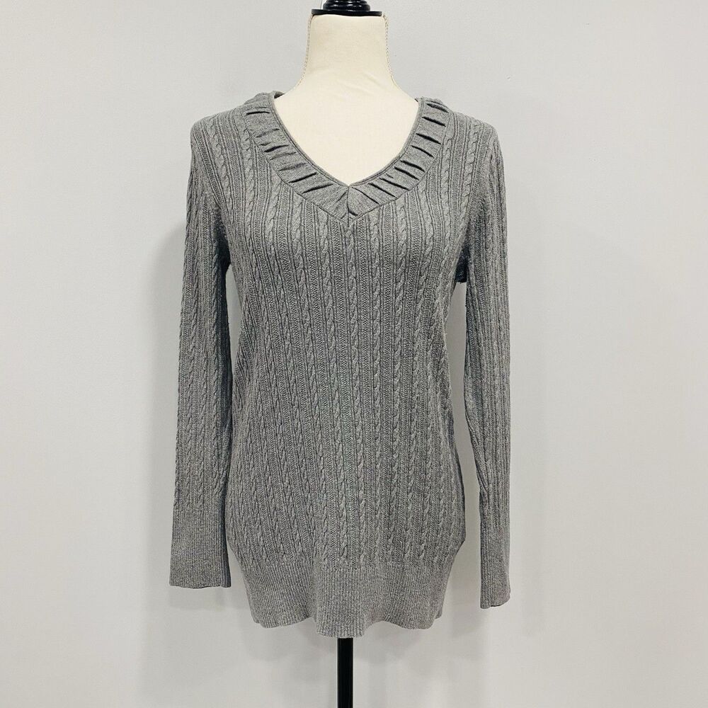 EDDIE BAUER M Y2K Gray Cable Knit V-Neck Pullover Slim Sweater Bella Swan Preppy